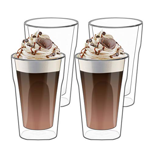 ComSaf 400ML Dubbelwandig Glas Koffiebekers Set van 4, Hittebestendige Borosilicaatglazen Mokken, Grote Vierkante Geïsoleerde Thermo Tumbler voor Thee Cappuccino Latte Warm/Koude Dranken
