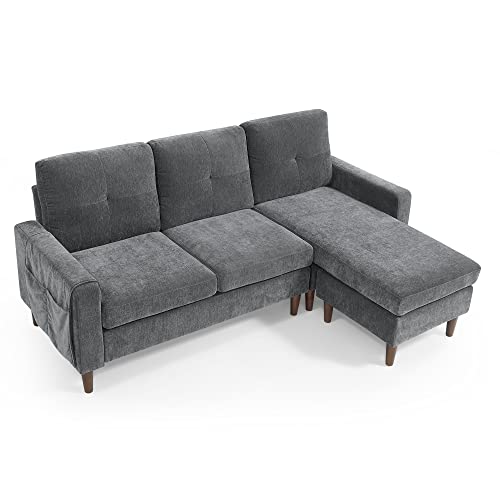 OMGO 80” Convertible Sectional Sofa, 3 Seats L-Shape Couch with Removable Cushions and Pocket, Chenille Fabric, Rubber Wood Legs, Suitable for in The Bedroom, Living Room, Dark Grey - Thumbnail 5