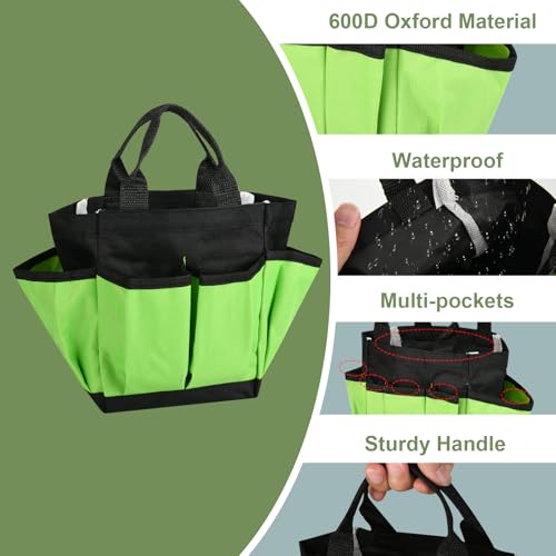Easecos Small Garden Tool Bag Waterproof Gardening Hand Tool Storage Bag Heavy Duty Oxford Tote Organizer Bag with 8 Pockets, Garden Utensil Handbag for Women Men (Green)