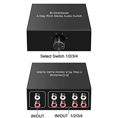 4-Way Stereo L/R Sound Channel Bi-Directional Audio Switcher, 1 in 4 Out or 4 in 1 Out, L/R Sound Channel Audio Switch Splitter RCA Stereo Switch Selector for DVD Stereo Speaker CD Player