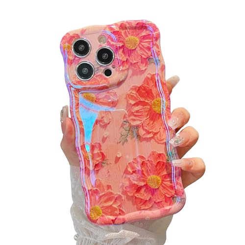 Coque iPhone 15 Pro fleur rose finie les chutes avec le cadre ondulé