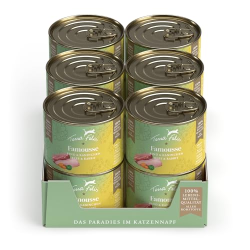 TERRA FELIS Rind & Kaninchen - Famousse Nassfutter, 12x200g I Premium Katzenfutter in 100% Lebensmittelqualität Aller Rohstoffe I Hergestellt in Bayern | Zucker- & getreidefrei I Alleinfuttermittel