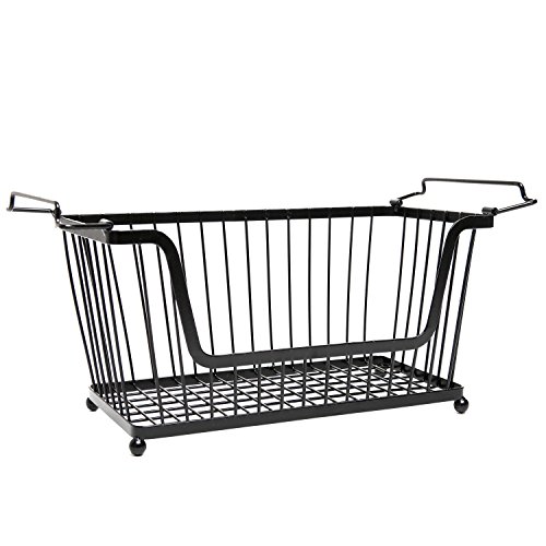 MyGift Stackable Black Metal Pantry Organizer Basket - Space Saving Home and Kitchen Storage Bin Solution