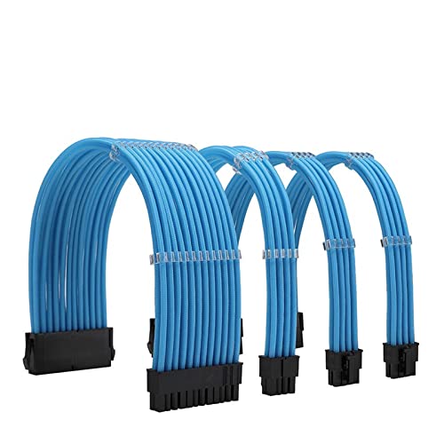 NCK1 Series PSU Extension Cable Kit, Solid Color Cable Solid Combo 300mm ATX24 Pin PCI-E 8Pin 8Pin with Combs(Kit F,Sky Blue)