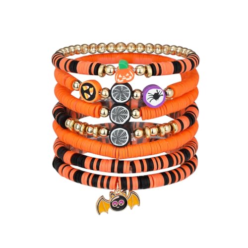 Image of IMINI Funny Pumpkin Bat Halloween Bracelet Set for Women Girls Ploymer Clay Beaded Skull Ghost Spider Web Boo Adjustable Rubber Bands Personalized Holiday Festival Accessories Jewelry Gifts (7 Pcs)