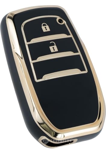 Image of TPU Car Key Cover Black & Golden Compatible for Toyota Fortuner, Legender, Innova Crysta, HyCross, Land Cruiser, Hilux (Toyota, 2 Button Push Smart Key)
