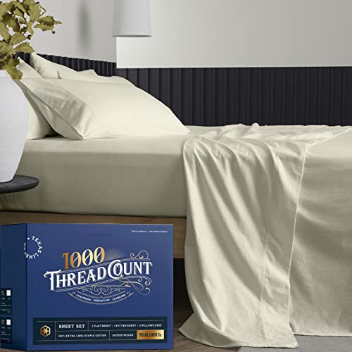 Texas Linen Co. Pure King Size Cotton Bed Sheets Set (King, 1000 Thread Count) Sand Sheets And Pillow Cases (4 Pc) – Cotton Sheets King Size Bed- Sateen Weave Sheets- 16” King Deep Pocket Sheets #TOP5