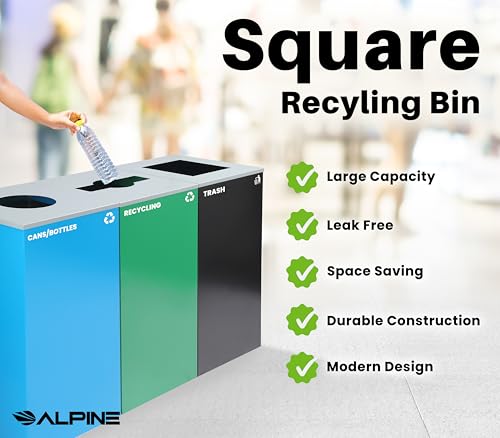 Alpine Indoor Recycling Bin -Commercial Trash Can Recycling Station Combo, Customizable 3 Compartment Metal, Large, Black, Blue, Green Recycle Trash Cans with Lids & Stickers for Office, Mall, Airport - Thumbnail 4