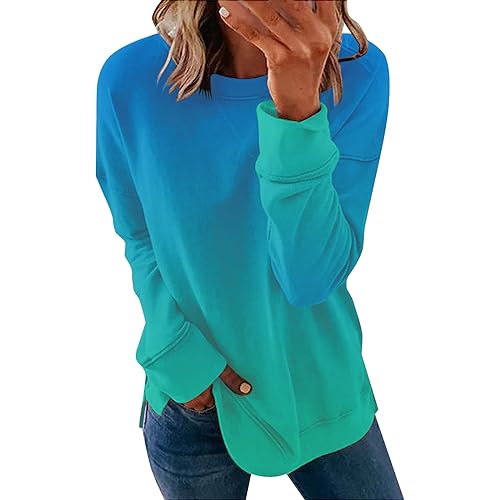 Image of Ladies Sweatshirts Without Hood, Womens Colorful Gradient Crewneck Sweatshirt Fall Fashion Ombre Print Long Sleeve Shirt Casual Tie Dye Tunic Pullover