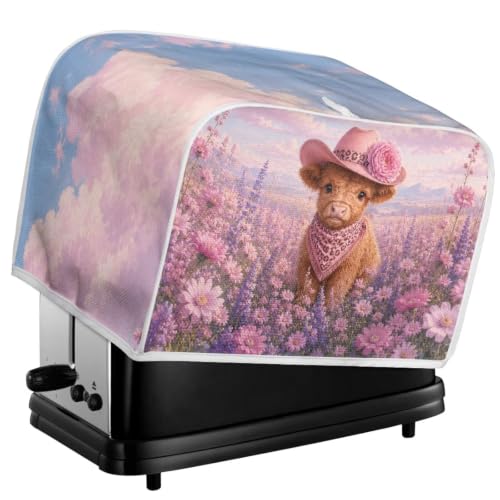 Image of Talayituse Lavender Daisy Highland Cattle Print 2 Slice Toaster Dust Covers Kitchen Small Appliance Cover, Stain Resistant Dust Protection Bread Machine Cover with Top Handle, S