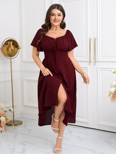 Image of Womens Plus Size Dress Square Neck Smocked Button Down Tie Front Split A-Line Maxi Long Dresses