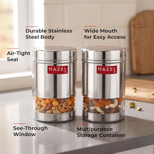 Image of HAZEL Stainless Steel Transparent Wide Mouth See Through Container, Silver, Set of 2, 600 Ml