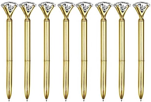 LA HAUTE 8pcs Big Crystal Diamond Pens Metal Ballpoint Pens Black Ink Business School Office Supplies, Silver