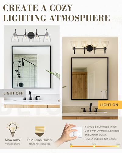 Image of Beionxii 4-Light Bathroom Light Fixtures, Bathroom Vanity Light with Clear Glass Shade, Modern Vanity Lighting Fixtures Over Mirror Living Room Hallway, BX-VL02MB-4CG