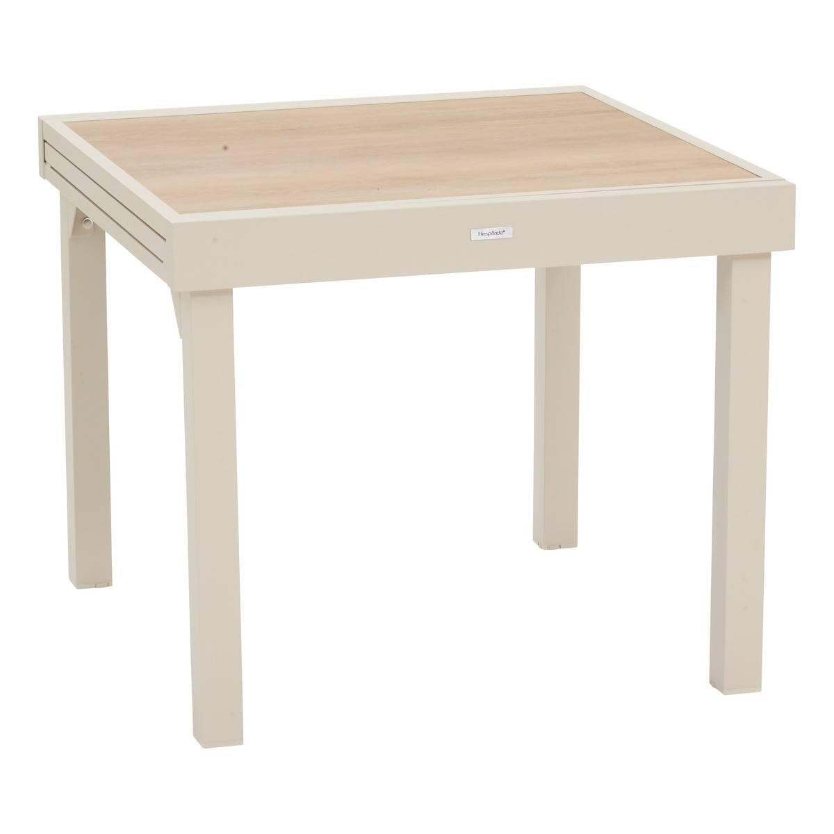 Hespéride - Table de Jardin Extensible Piazza Argile - 8 Places - Aluminium Traité Epoxy Antirouille - Plateau Verre Trempé Effet Bois - Meuble d'Extérieur à Rallonge Coulissante