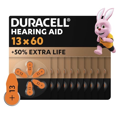 Duracell pilas para audífonos tamaño 13 (paquete de 60) +50 % extra duración, fácil instalación, embalaje 100 % reciclable, 4 años de vida útil garantizada en su envase