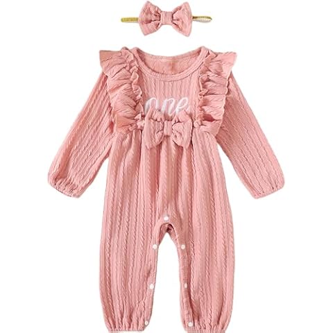 Aslaylme Baby Girl One Year Old Birthday Outfit First Birthday Clothes 1st Birthday Romper (Pink-Long,18-24 Months) Cover