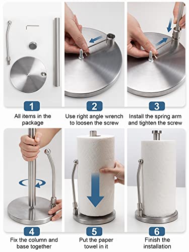 Smartake Paper Towel Holder For One Hand Tear, Paper Towel Dispenser Standing Weighted Base Non Slip, Spring Arm Fit Most Size Paper Roll, Stainless Steel Paper Towel For Kitchen Countertop Silver #TOP5