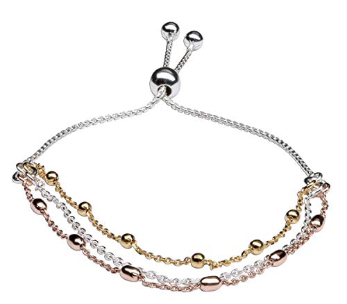 Bolo Bracelet .925 Sterling Silver With Rose-Gold Plated And 14K-Gold Plated Accents Adjustable 6"- 9" #TOP18