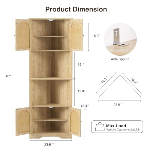 FiveWillowise 67\'\'H Tall Corner Cabinet with Handmade Rattan Door, Rattan Storage Cabinet with Adjustable Shelves, Corner Bookshelf Space Saver for Barthroom, Kitchen, Natural