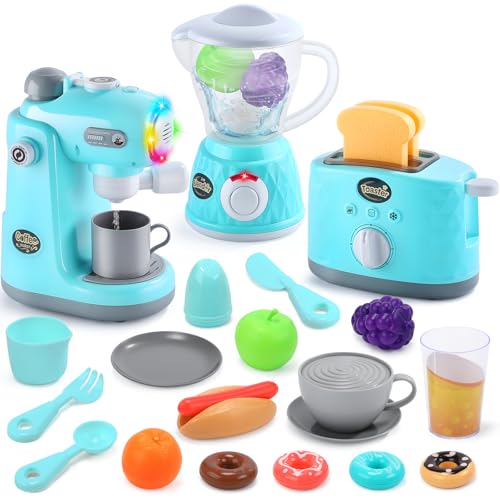 Image of CUTE STONE Kids Kitchen Playset, Toy Kitchen Appliance Sets with Working Coffee Maker, Blender & Toaster, Realistic Sounds & Light, Includes Kids Kitchen Accessories & Play Food for Boys & Girls