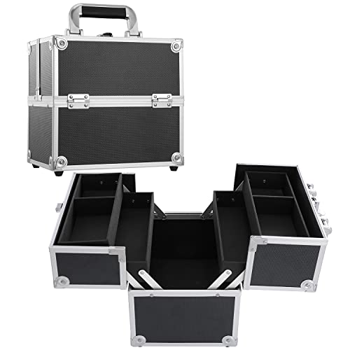 Frenessa Makeup Train Case Cosmetic Organizer Case Professional Makeup Storage Box 4 Trays with Divider Lockable Crafters Travel Case Portable Travel Makeup Organizer Box for Makeup Artist, Carfter, Cosmetics Black