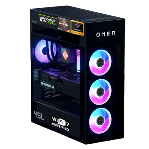 HP Omen MAX 45L Gaming Tower Desktop, AMD Ryzen 9 9900X3D, GeForce RTX 5090, Separated CPU Cooling System, 96GB DDR5, 4TB SSD, Shadow Black Glass, Wi-Fi 7, Windows 11 Home, Black