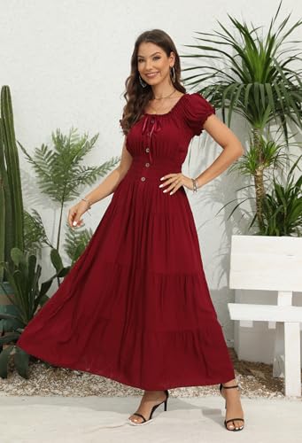 Image of OSTOO Women's Floral Maxi Dress Boho Summer Short Sleeve Smocked Waist Tiered Long Dress