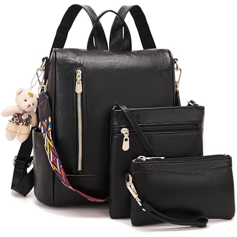 Soperwillton Women Backpack Purse PU Leather Anti-theft Fashion Shoulder Bag Travel Backpack Set 3pcs Cover