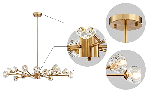 Agv Lighting Ch006 K9 Crystal Chandelier, Modern Style Sputnik Chandelier For Living Space, 15-Lights, D35 X H6, Adjustable Haning Rod Max 39", Brass Finish & Clear Crystal #TOP2
