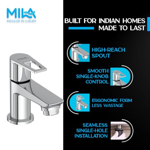 Image of Mila Floro Brass High Reach Pillar Tap | Chrome Finish | 5.3 inch Long Spout Faucet | Ergonomic Single Knob | Anti-Leak inch BSP Spindle | Deck Mounted | Cold Water Use Only | 12-Year Warranty