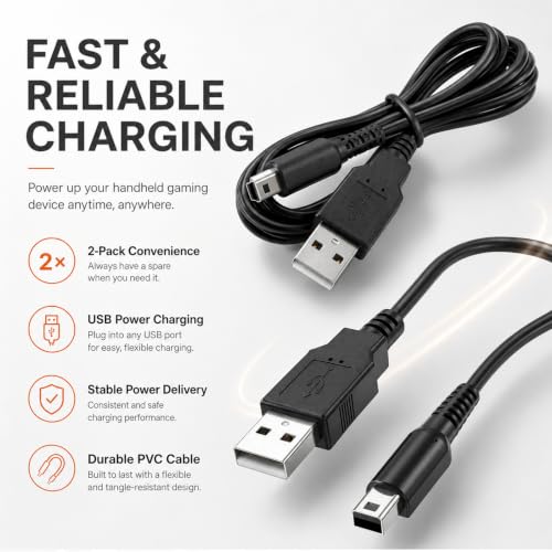 Lot de 2 câbles de charge pour Nintendo 3DS 1.5 m, câble USB de rechange compatible avec Nintendo 3DS/3DS XL/New 3DS XL/DS/DSI/2DS/2DS XL, chargeur portable rapide et durable pour jouer partout – vue 3