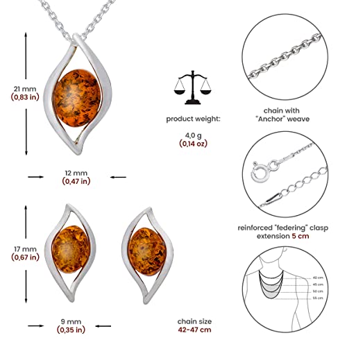 Miniatura 2 de Ambedora Juego De Joyas Para Mujer Llamas De Ámbar, Plata De Ley Pulida, Ámbar Báltico En Color Coñac, Colgante De Plata En Cadena Y Pendientes