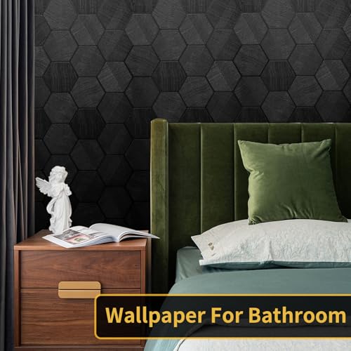 Adwann Self Adhesive Black Peel and Stick Wallpaper 3D Hexagon Geometric Embossed Contact Paper Removable Easy Peel Off Wallpaper Textured Wall Paper for Cabinet Bedroom, 15.7" X 784" by Adwann - Image 9