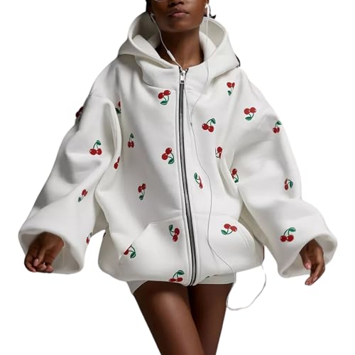 Xunger Women's Cute Cherry Hoodie Long Sleeve Zip Up Printed Jacket Oversized Warm Sweatshirt with Pocket - Main Image