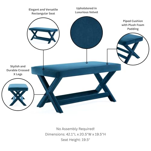 Manhattan Comfort Abigail Double Ottoman Bench Upholstered in Velvet Fabric, Luxurious Accent Vanity Stool with Stylish X-Crossed Legs, Solid Wood Frame, Plush Piped Cushion, Fully Assembled, Blue by Manhattan Comfort - Used condition - Image 3