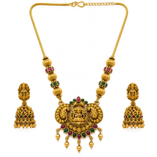 Traditional Gold-Plated Temple Jewelry Set for Women | Goddess Lakshmi Pendant Long Haram Necklace with Matching Jhumka Earrings | Antique Matte Finish Jewelry with Ruby, Emerald & Pearl Accents | Ethnic Wedding Jewelry Set (C)
