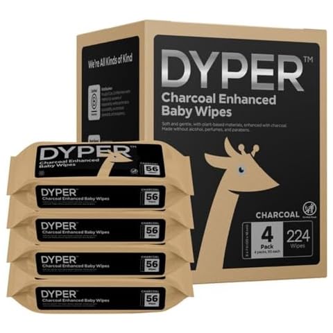 DYPER Charcoal Enhanced Baby Wipes Unscented | Diaper Wipes Made with 100% Plant-Based* & Honest Materials | 4 Packs (224 Count) Cover