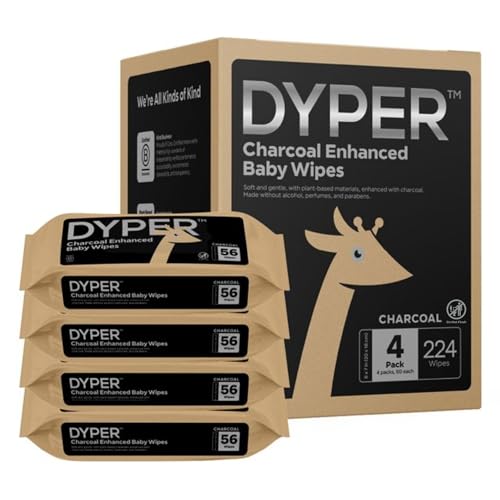 Image of DYPER Charcoal Enhanced Baby Wipes Unscented | Diaper Wipes Made with 100% Plant-Based* & Honest Materials | 4 Packs (224 Count)