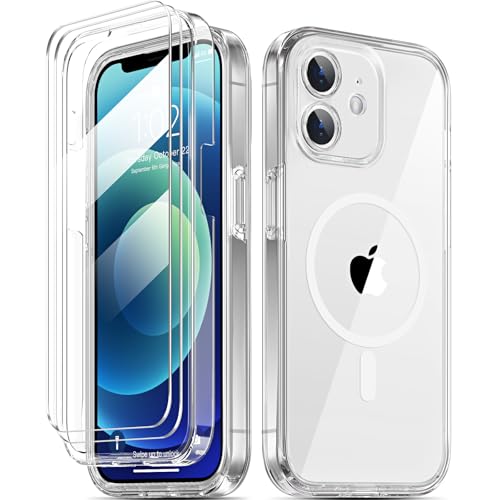 COOLQO Custodia magnetica per iPhone 12, [compatibile con MagSafe], con protezioni [fotocamera + schermo], protezione contro le cadute di grado militare, custodia protettiva per iPhone 12, trasparente