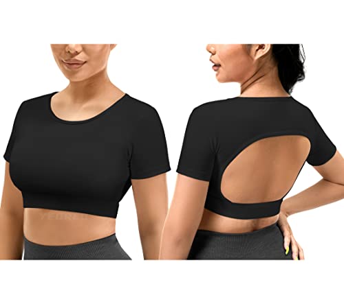 Yeoreo Vanessa Women Open Back Tee Crop Tops With Removable Pad Workout Backless Gym Shirt Bra Going Out T Shirt Top #TOP4