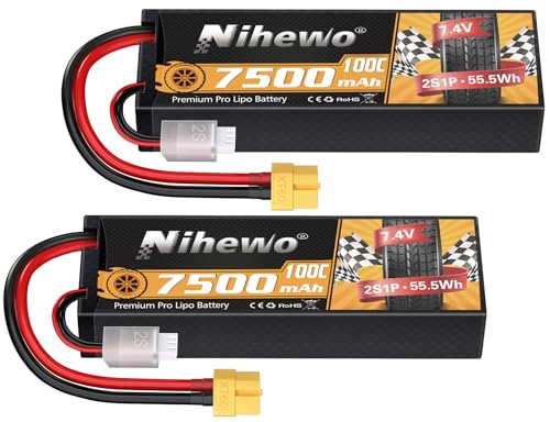 Nihewo 2Packs 2S Batterie Lipo, 7,4 V 7500 mAh RC Batterie 100 C Étui Rigide Lipos XT60 Connecteur Compatible avec 1/8 1/10 RC Voiture Camion Truggy Véhicules Réservoir Bateau Avion Modèles