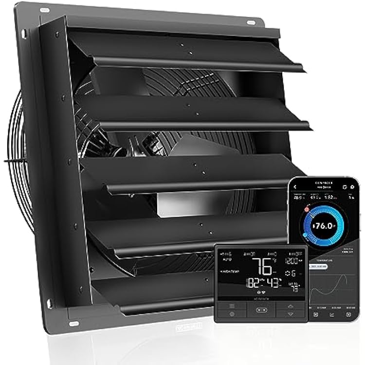 AC Infinity AIRLIFT T20, Shutter Exhaust Fan 20 with WiFi Temperature Humidity Controller, EC-Motor Wall Mount Ventilation and Cooling for Sheds, Attics, Workshops, and Greenhouses