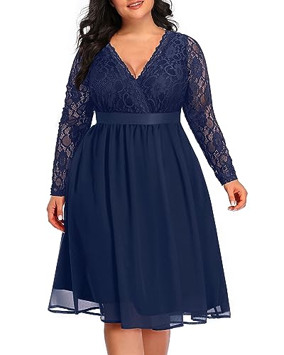 Image of Pinup Fashion Plus Size Lace Chiffon Wrap V Neck Dresses Women Cocktail Wedding Guest Midi Dress