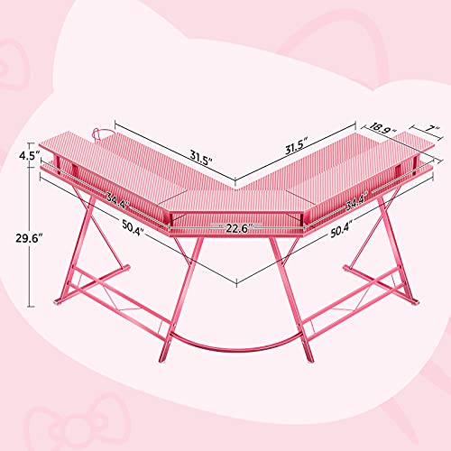 Seven Warrior Gaming Desk 50.4” With Led Lights& Power Outlets, L-Shaped Gaming Desk Carbon Fiber Surface With Monitor Stand, Ergonomic Pink Gaming Desk With Cup Holder, Headphone Hook #TOP2