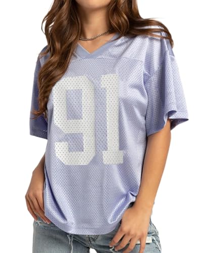 Image of Women Y2K Basketball T-Shirt Short Sleeve V Neck Number Print Oversized Tee Loose Blokecore Jersey Shirt Aesthetic Streetwear (Light Purple G, XL)