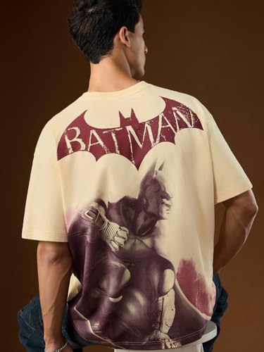 Image of The Souled Store Batman: to The Rescue Men and Boys Short Sleeves Round Neck Grey Graphic Printed Cotton Oversized T-Shirts