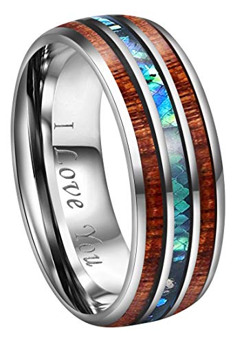 CROWNAL 8mm Rare Koa Wood And Abalone Shell Inlay Tungsten Carbide Ring Men Women Wedding Band High Polished Engraved I Love You Size 7 To 17 (8mm,16) - Thumbnail 2
