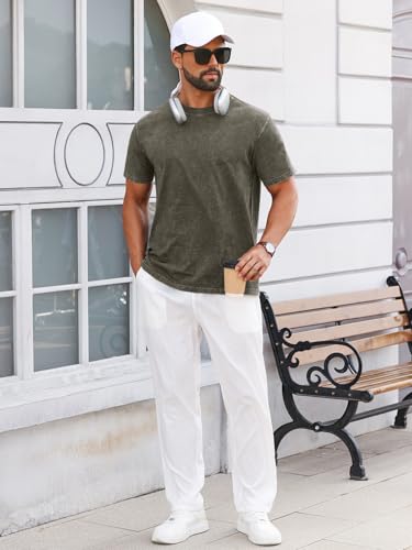 Runcati Mens Short Sleeve T-Shirts 100% Cotton Heavyweight Casual Crew Neck Shirt Vintage Acid Wash Summer Tees Army Green - Image 6