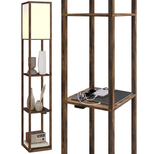 HOMCOM Lampada da Terra LED con Ripiani, Lampada Moderna con Interruttore a Pedale e Porte USB, Temperatura della Luce Regolabile per Soggiorno e Camera da Letto, Marrone